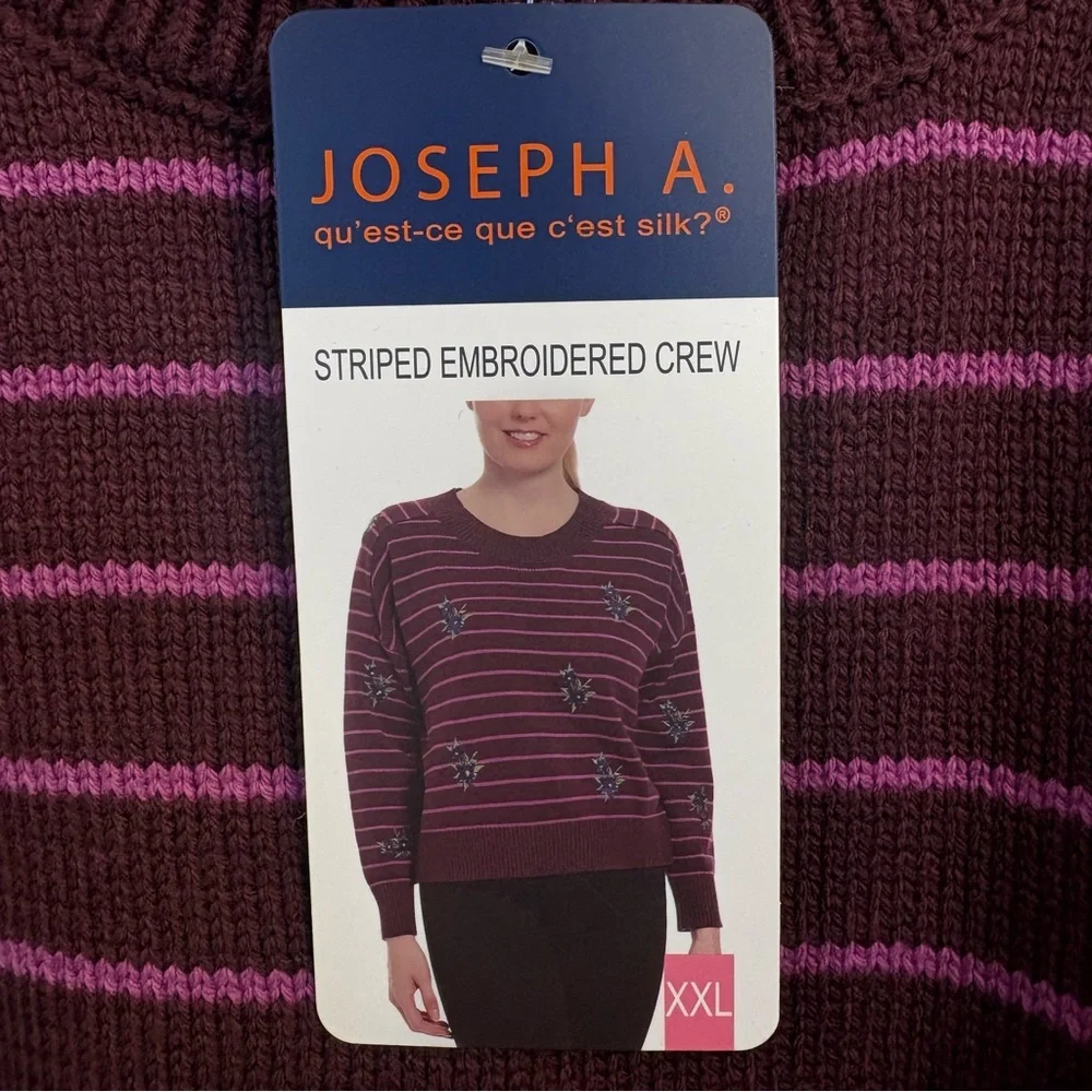 Joseph A. Striped‎ Embroidered Crewneck Sweater Women XXL Burgundy, Pink Floral